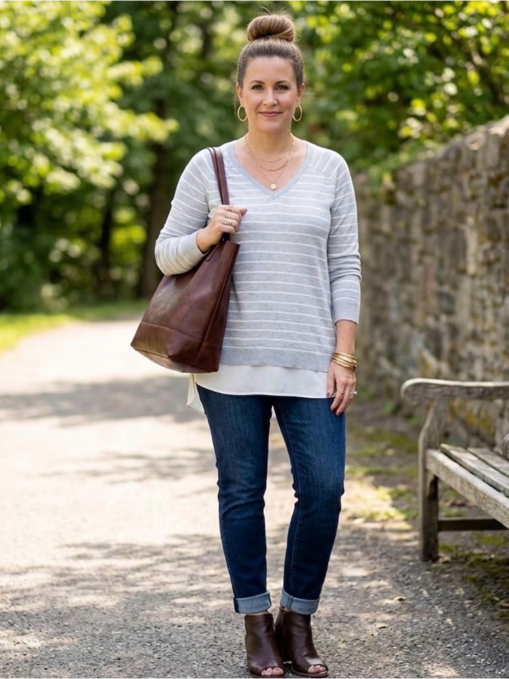 LOFT Light Gray Striped V-Neck Sweater with White Underlay